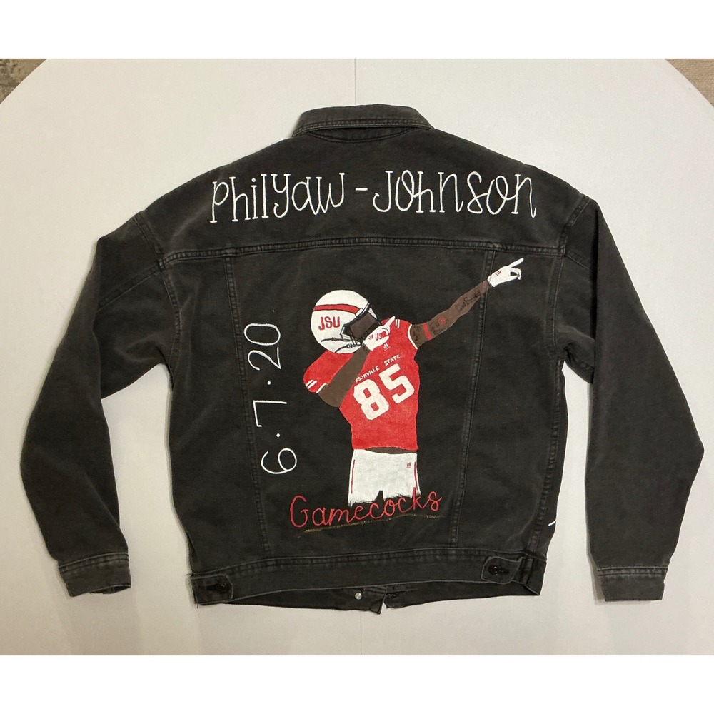 YMI Jacksonville State Gamecocks Flames Custom‎ Art Denim Jacket Washed Black M